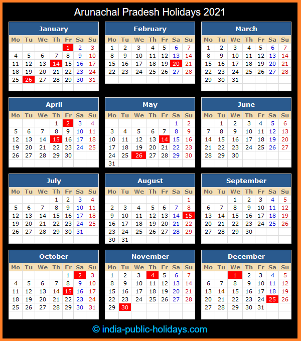 Arunachal Pradesh Holiday Calendar 2021